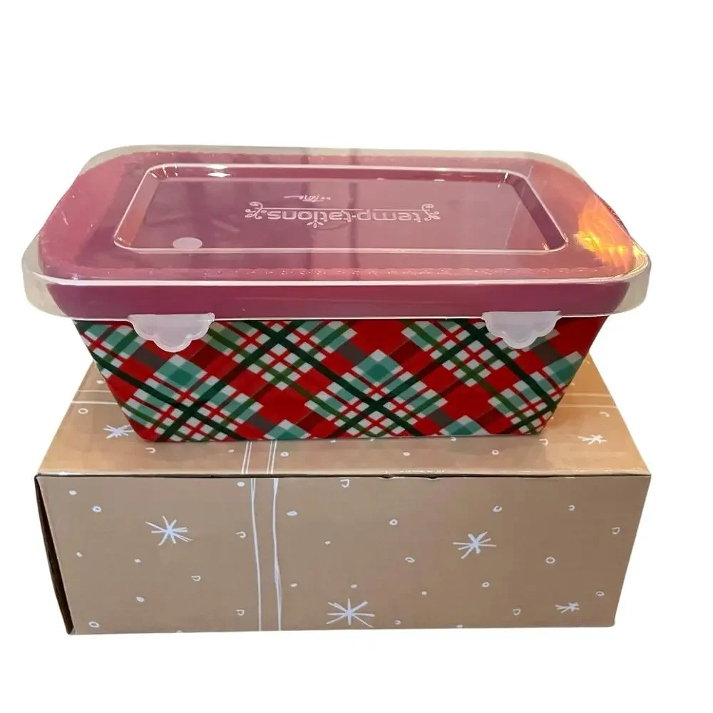 Temptations by Tara Mini Ceramic Loaf Pan w/ Lid 12oz Holiday Plaid Red Green